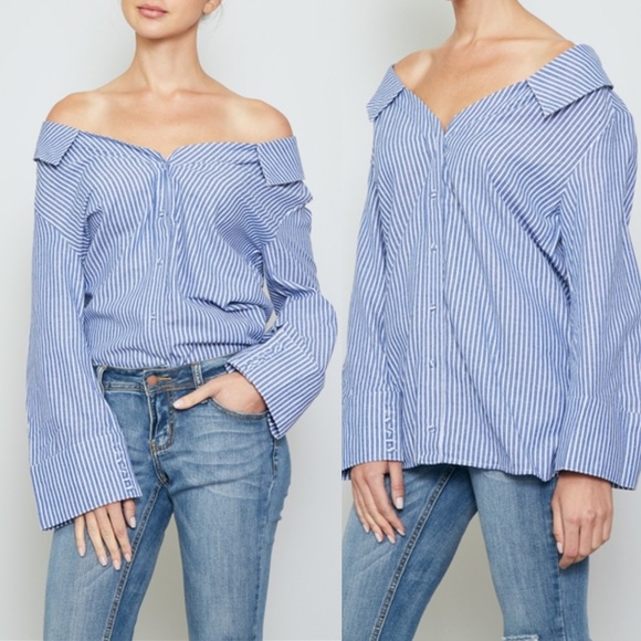Luxe Label Tops - HAYLEY OFF THE SHOULDER BLUE BUTTON DOWN TOP
